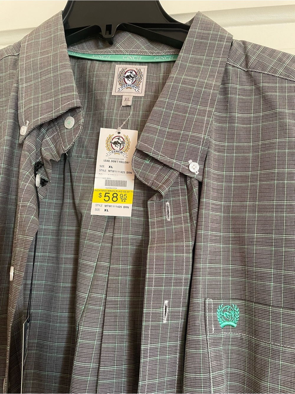 Cinch Men's Gray Plaid Button-Down Shirt with Teal Windowpane